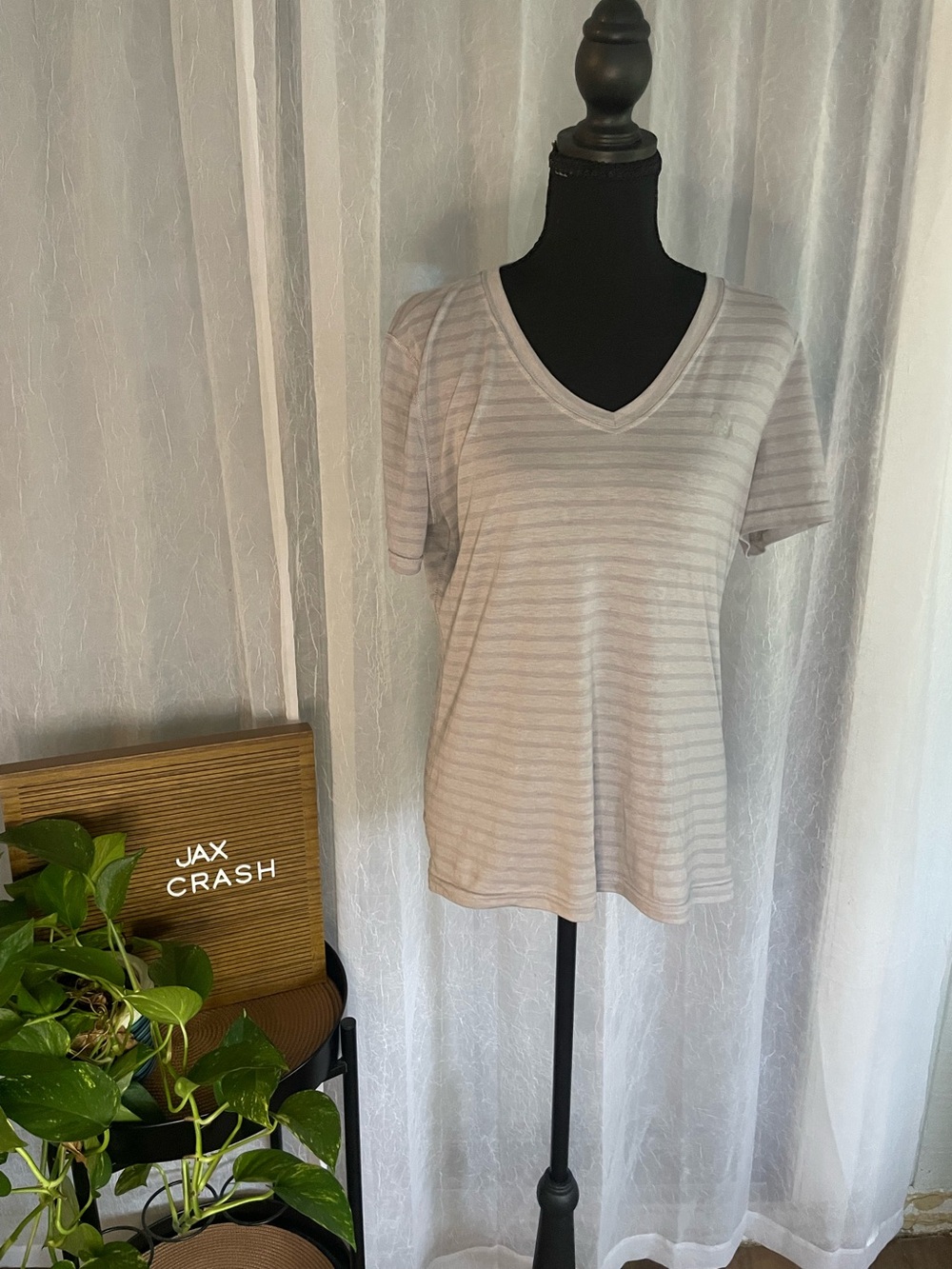 adidas Women's Light Gray Striped V-Neck Tee